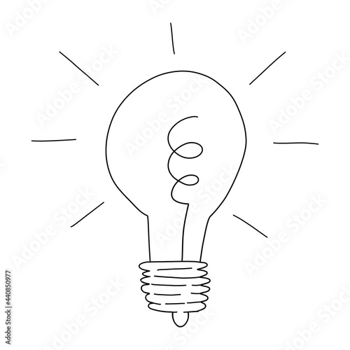 Working light bulb with shine rays. Metaphor of creativity, burst of inspiration, brainstorm. Doodle vector illustration