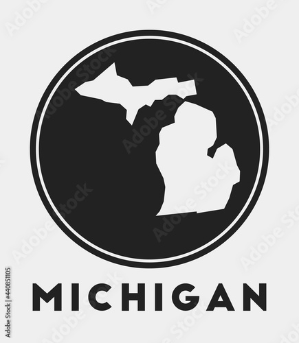 Michigan icon. Round logo with US state map and title. Stylish Michigan badge with map. Vector illustration.
