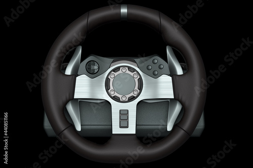 Realistic leather steering wheel isolated on a black background.
