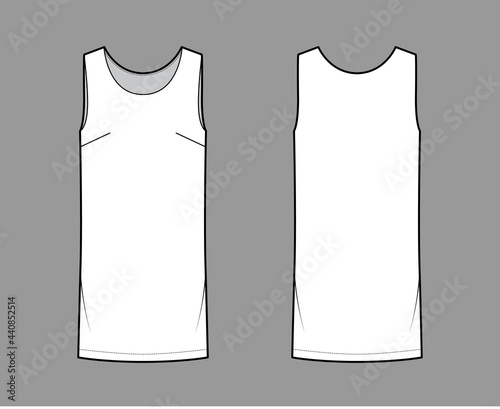 Dress shift chemise technical fashion illustration with sleeveless, oversized body, knee length pencil skirt. Flat apparel front, back, white color style. Women, men unisex CAD mockup
