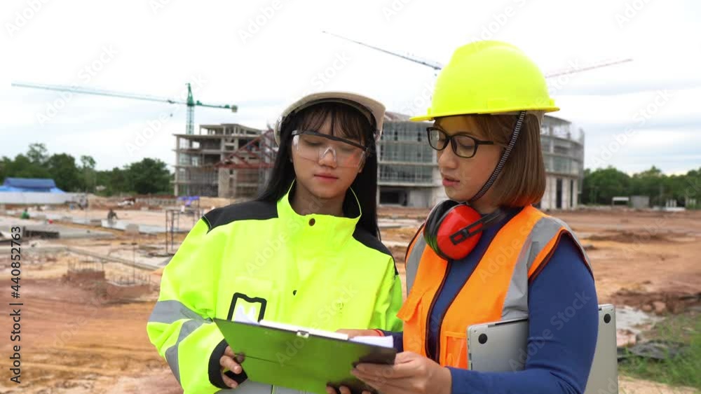 Young and senior Engineers discuss about work of large building underconstruction,Three people working on site of under construction Young and senior Engineers discuss about work of large building underconstruction,Three people working on site of under construction
