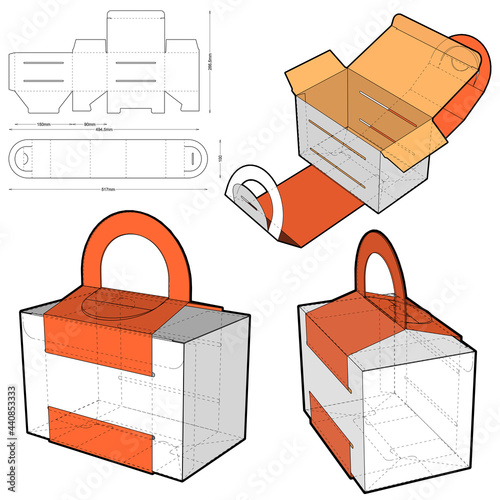 Folding Box With Handle (Internal measurement 10x9x10cm) and Die-cut Pattern. The .eps file is full scale and fully functional. Prepared for real cardboard production.