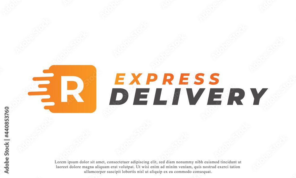 Creative Initial Letter R Logo. Orange Shape R Letter with Fast Shipping Delivery Truck Icon. Usable for Business and Branding Logos. Flat Vector Logo Design Ideas Template Element