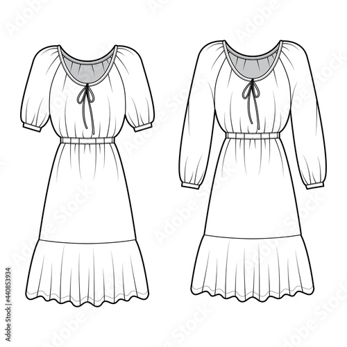 Set of Dresses peasant technical fashion illustration with long short sleeves, fitted body, knee length peplum pencil skirt. Flat apparel front, white color style. Women, men unisex CAD mockup