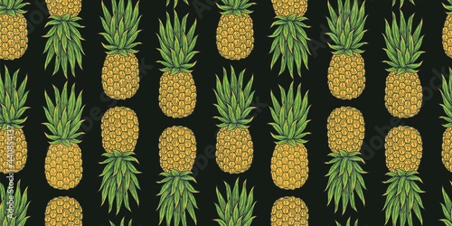 Tropical seamless pattern. Summer pineapple fresh exotic juicy fruit. Nature ananas and organic for food bar