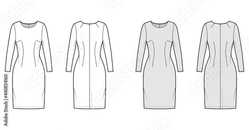 Dress sheath technical fashion illustration with long sleeves, fitted body, knee length pencil skirt. Flat apparel front, back, white, grey color style. Women, men unisex CAD mockup