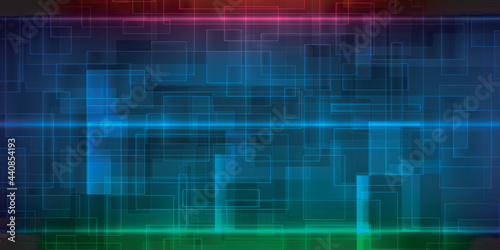 Vector illustration of futuristic abstract blue technology background with horizontal red green and blue neon lighting on complex future tech grid line patterns.