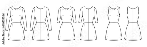 Set of Dresses A-line technical fashion illustration with long short sleeves, peter pan collar, fitted body, above-the-knee length. Flat apparel front, back, white color style. Women, men CAD mockup
