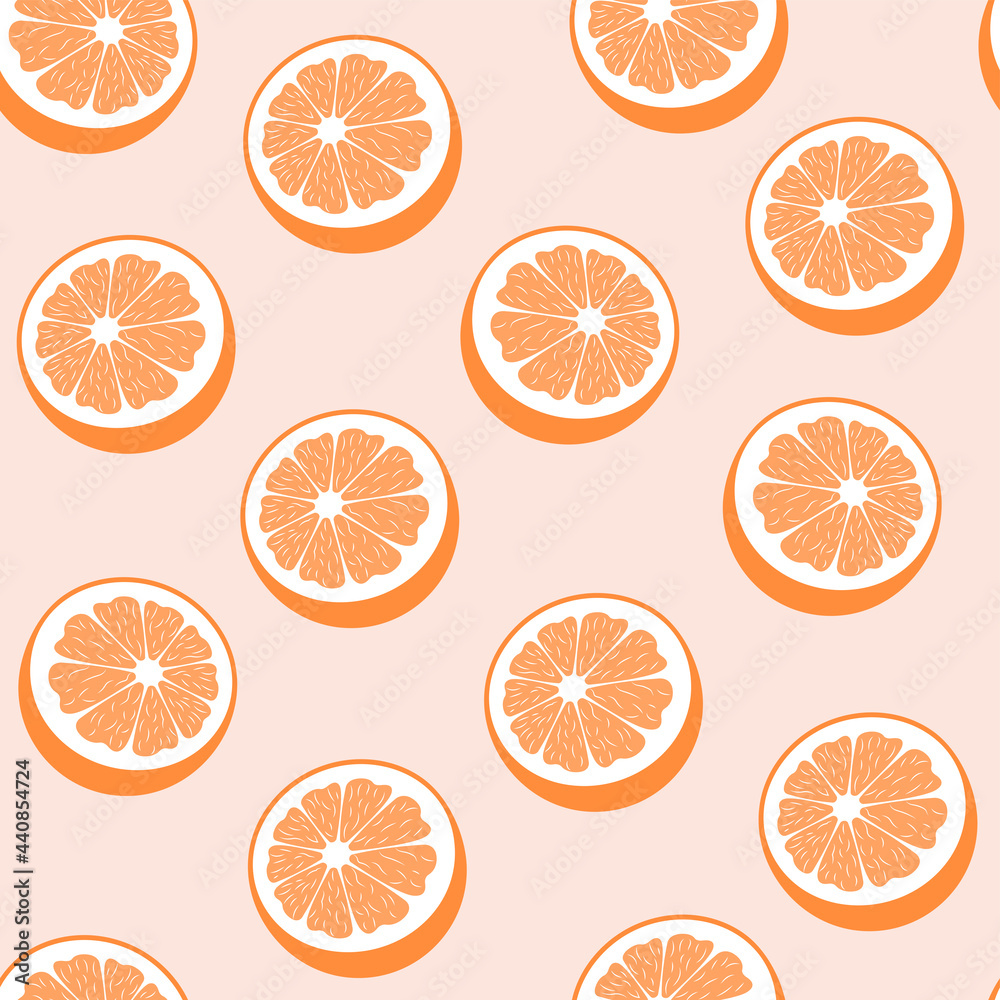 Naklejka Seamless pattern with oranges Vector illustration in flat design Fresh halves of citrus fruit on beige background