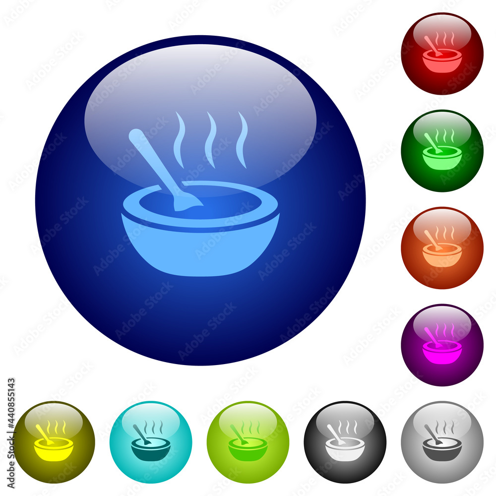 Steaming bowl of soup with spoon color glass buttons Steaming bowl of soup with spoon color glass buttons