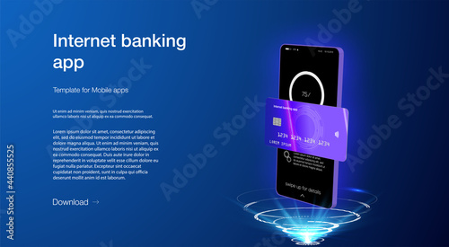 Smart wallet concept with credit or debit card payment application on smartphone screen. Internet banking app. Mobile phone payment with NFC technology, High level payment security. E-payment screen
