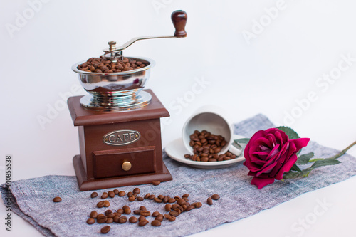 Vintage handmade wooden coffee grinder. Coffee Mill