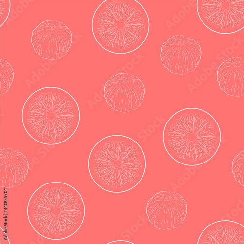 Orange fruit seamless pattern Vector illustration in outline Peeled and halved oranges in white thin line on bright pink backdrop