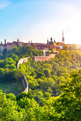 Church of the Assumption of the Virgin Mary and Charles the Great in Karlov and Gothic fortification wall near Folimanka park, Prague, Czech Republic