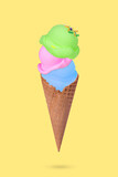 Creative composition with ice cream cone with colorful ice cream scoops on pastel blue background.