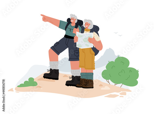 A couple of elderly people climbing in the mountains. Seniors with backpacks in the mountains.Vector flat illustration.