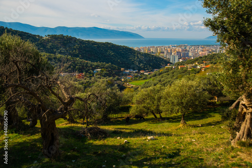 VLORA, ALBANIA: Beautiful top view of the city of Vlora and Sazani Island on a sunny day. photo