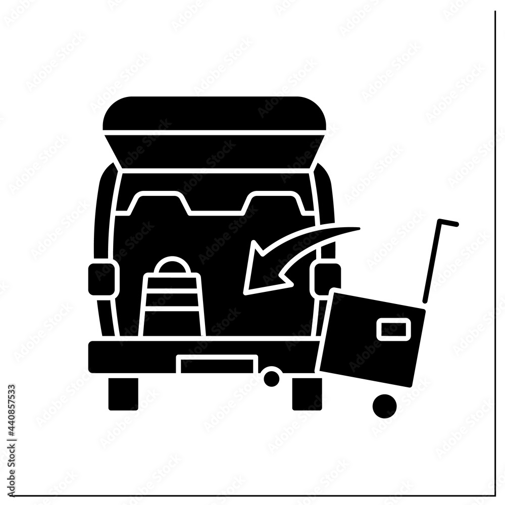 Curbside pickup glyp icon. Transporting big cargo into car trunk. Delivery parcel box. Contact-free delivery concept. Filled flat sign. Isolated silhouette vector illustration