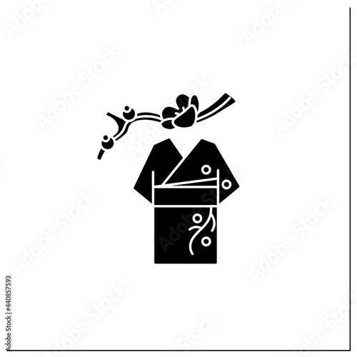 Kimono glyph icon. Traditional Japanese national dress. Aesthetic flowered suit. Sakura twig. Japanese culture concept.Filled flat sign. Isolated silhouette vector illustration photo