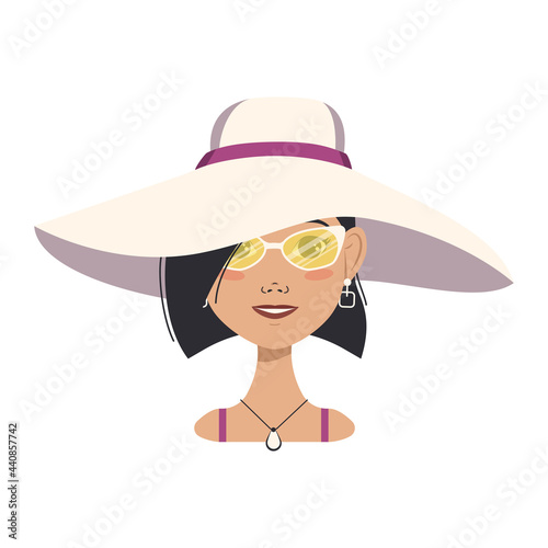 Avatar of a happy woman with black hair, short hairstyle, face, glasses and a summer hat. Human face with a smile, joy fashionable girl on the beach