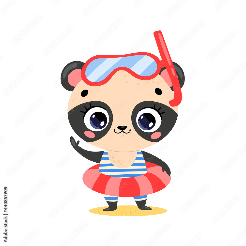 Naklejka premium Flat illustration of cute cartoon summer panda with swimming ring and diving mask. Summer tropical animals on the beach