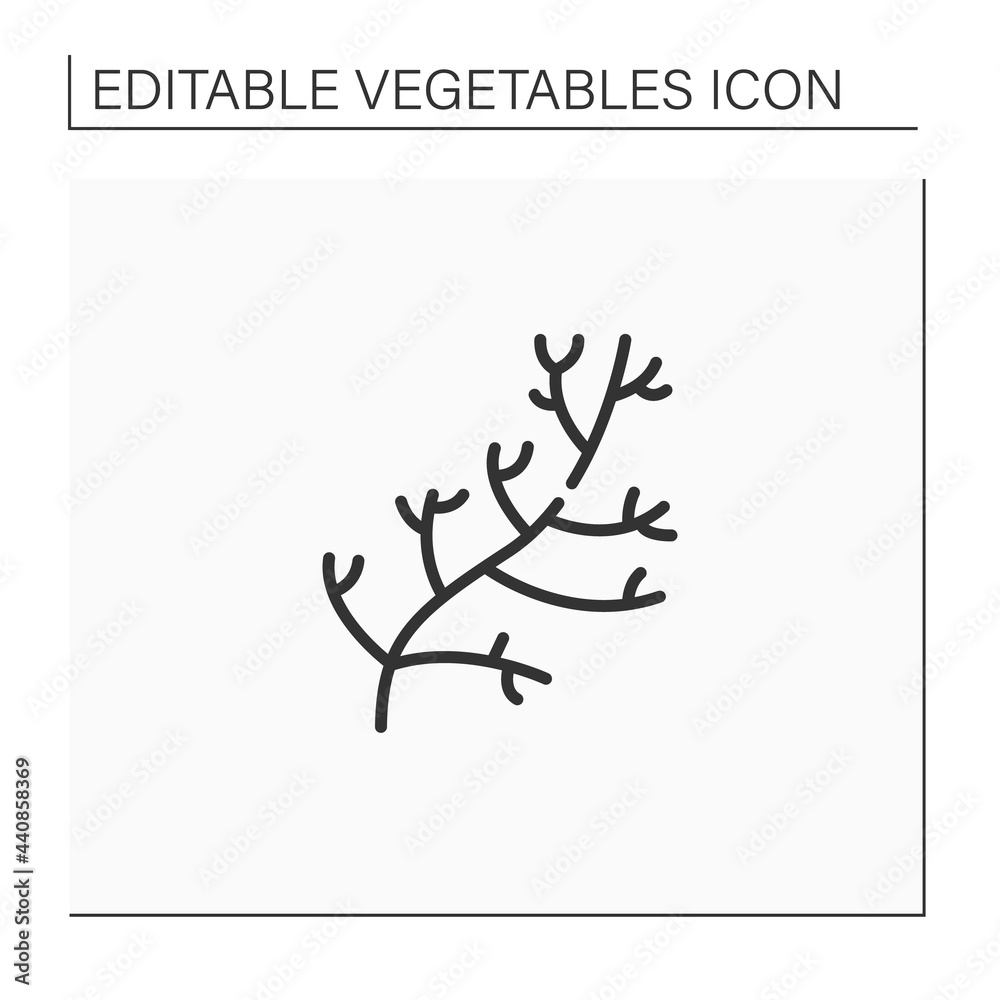 Dill line icon. Special species for dishes. Improve food taste. Dietary food. Vegetarian, healthy nutrition. Health benefits. Agriculture concept. Isolated vector illustration. Editable stroke Dill line icon. Special species for dishes. Improve food taste. Dietary food. Vegetarian, healthy nutrition. Health benefits. Agriculture concept. Isolated vector illustration. Editable stroke