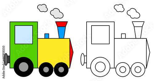 Train toy colorful and black and white. Coloring book page for children. Locomotive colored and outline vector illustration isolated on white background.