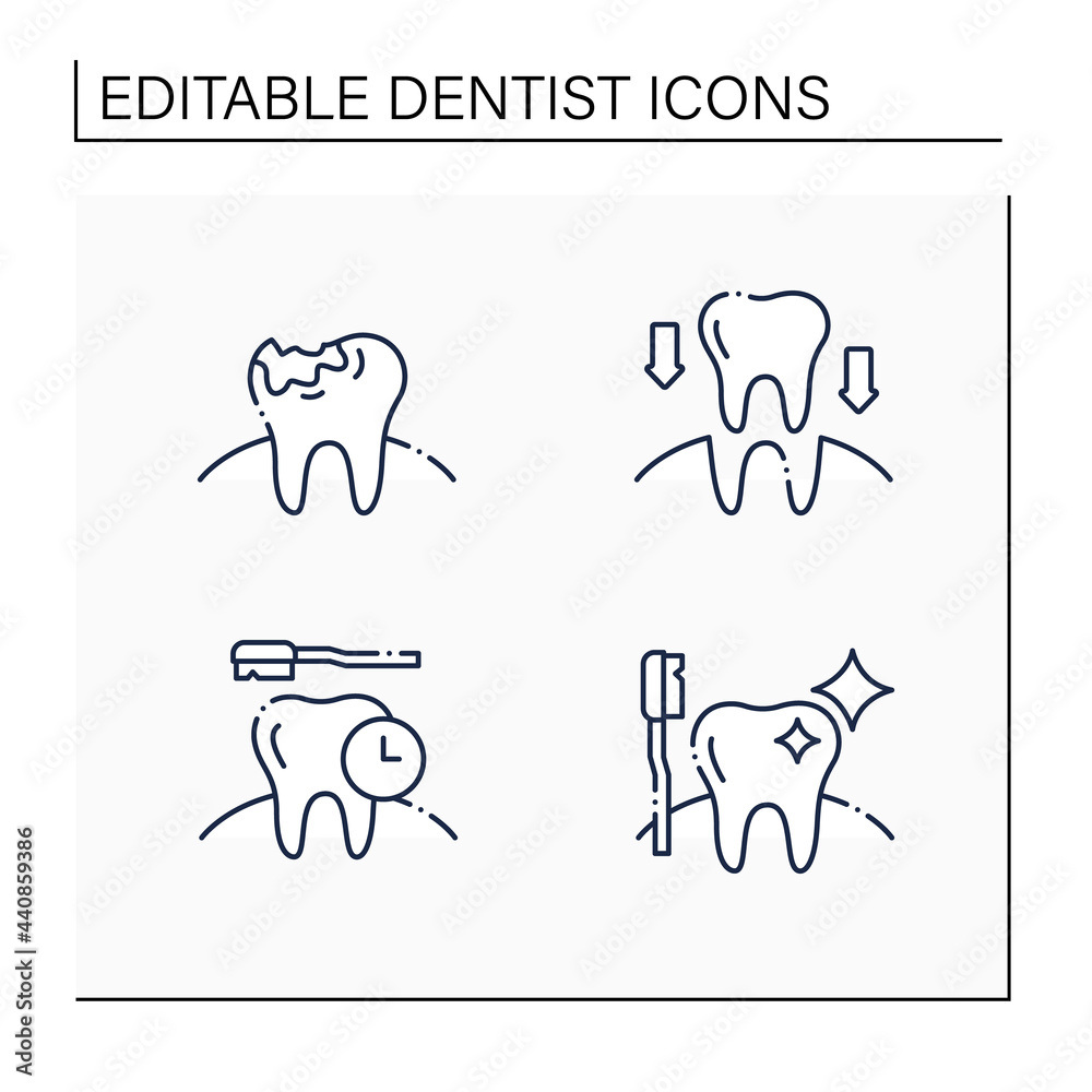 Dentist line icons set. Tooth transplants and decay, oral hygiene. Healthcare concept. Isolated vector illustration. Editable stroke