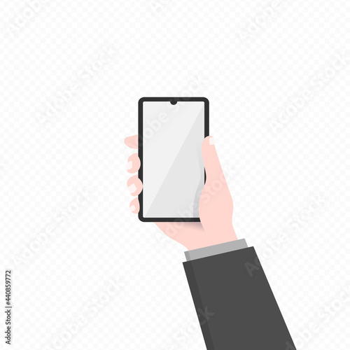 Hand holding smartphone with blank screen isolated on transparent background, phone mockup, vector illustration