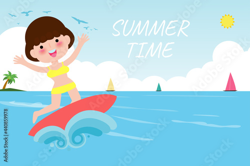 summer time banner template, cute surfer people character with surfboard and riding on ocean wave. Happy young surfer guy on the crest wave, flat vector illustration isolated on background