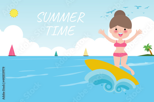 summer time banner template, cute surfer people character with surfboard and riding on ocean wave. Happy young surfer guy on the crest wave, flat vector illustration isolated on background