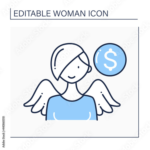 Female angel investor line icon. Investors who help willing to invest in promising, start-up opportunities. Good funding source. Successful plan concept. Isolated vector illustration.Editable stroke