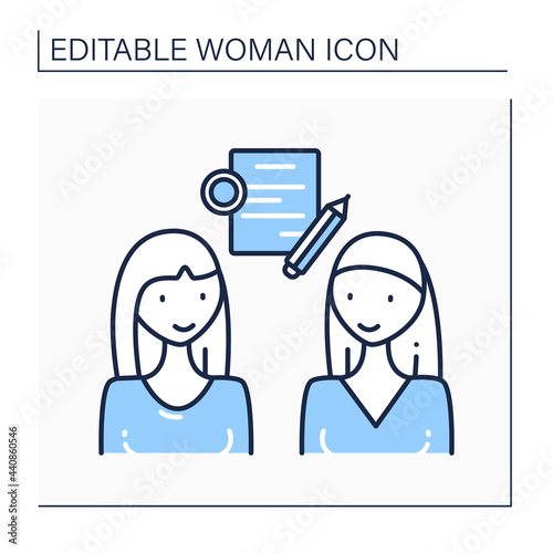 Business deal line icon. Communication about new profitable business plan. Launch startup. Intercourse about new projects. Successful women concept. Isolated vector illustration.Editable stroke
