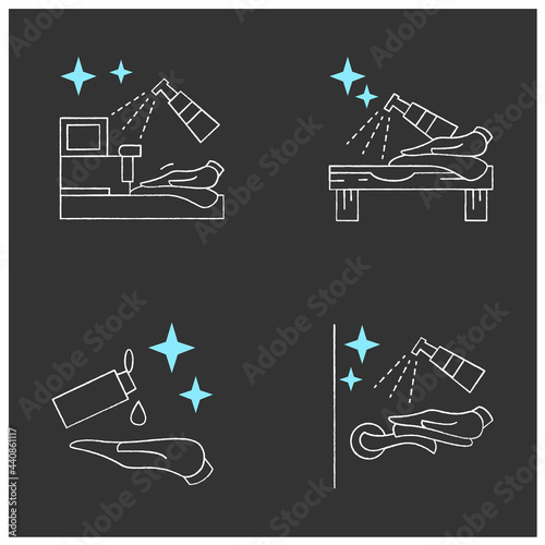 Surface disinfection chalk icons set.Door handle and hands, shop, tabletop disinfection. Home, public areas,transport hygiene. Isolated vector illustrations on chalkboard