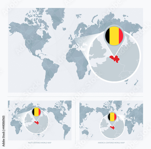 Magnified Belgium over Map of the World, 3 versions of the World Map with flag and map of Belgium.