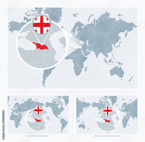 Magnified Georgia over Map of the World, 3 versions of the World Map with flag and map of Georgia.