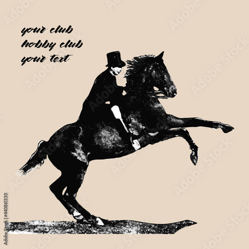 isolated on a light background, a graphic monochrome  image of a gentleman riding a rearing horse.