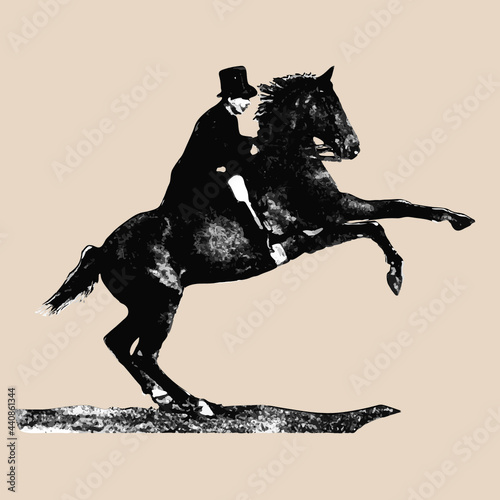 isolated on a light background, a graphic monochrome  image of a gentleman riding a rearing horse.