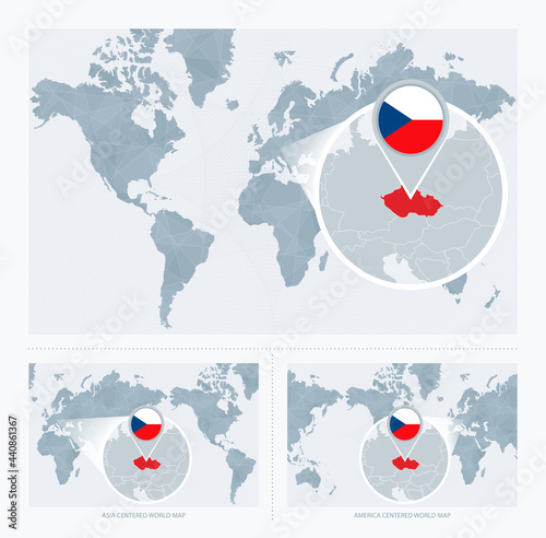 Magnified Czech Republic over Map of the World, 3 versions of the World Map with flag and map of Czech Republic.
