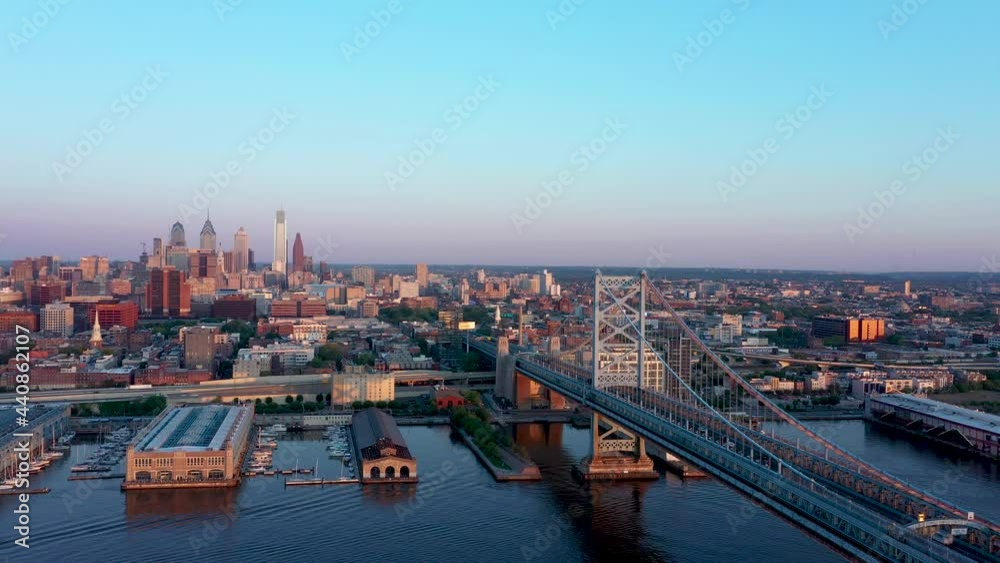 Aerial view on Benjamin franklin bridge,at sunrise Aerial view on Benjamin franklin bridge,at sunrise