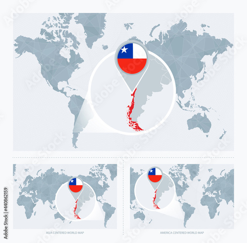 Magnified Chile over Map of the World, 3 versions of the World Map with flag and map of Chile.