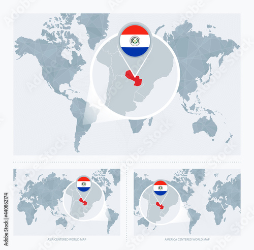 Magnified Paraguay over Map of the World, 3 versions of the World Map with flag and map of Paraguay.