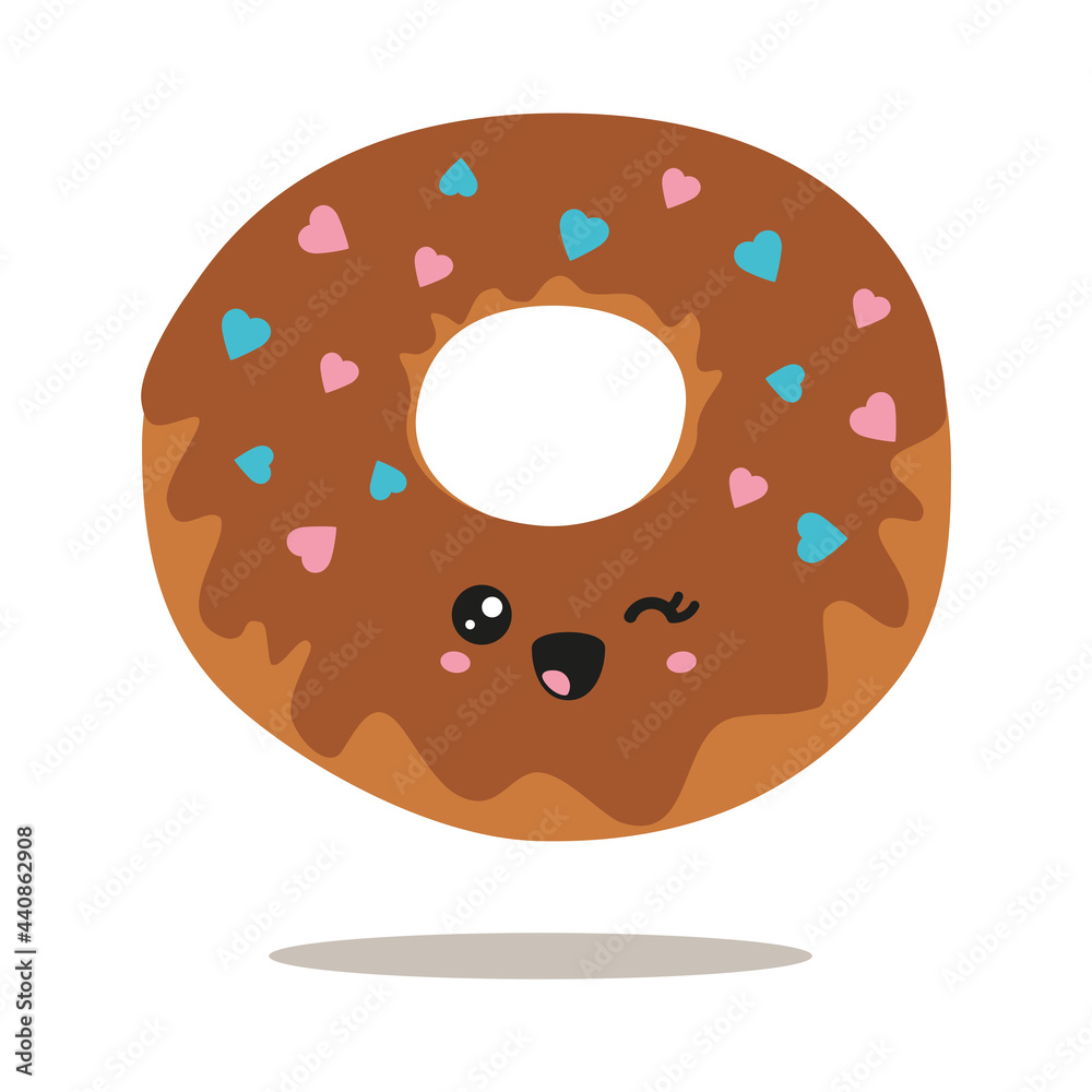 Illustration with vector chocolate donut on isolated background. Sweet pastries with smile and joy emotion. Cute donut, kawaii style cupcake. Funny food in the form of a sticker. Illustration with vector chocolate donut on isolated background. Sweet pastries with smile and joy emotion. Cute donut, kawaii style cupcake. Funny food in the form of a sticker.