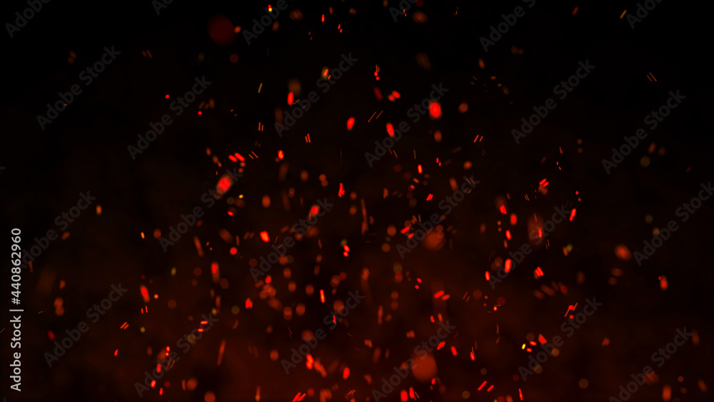 Fire sparks background. Fire flying sparks. Burning red sparks. Abstract dark glitter fire particles lights. 3D rendering.