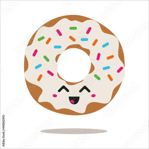 Illustration with vector vanilla donut on isolated background. Sweet pastries with smile and joy emotion. Cute donut, kawaii style cupcake. Funny food in the form of a sticker.