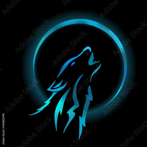 Wolf howling at the moon on a black background. shining moon . T-shirt printing. Vector illustration