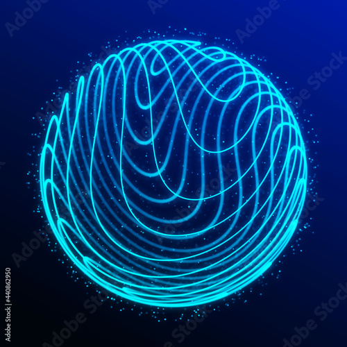 Abstract 3d sphere. Sphere with twist lines. Glowing lines twisting Logo design. Outer space object. Futuristic technology style. Sphere particles. 3d rendering. photo