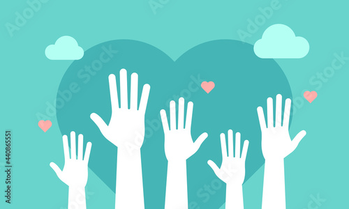 Volunteers and charity work. Social care raised helping hands. Illustration with a crowd of people ready and available to help and contribute. Positive foundation, business, service.