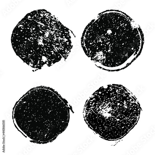 Set of black grungy post stamps. Vector distress textures of cracks, spots, dots. Blank dusty shapes for banners, logo, icons, badges, emblems, labels and pattern. Abstract dirty background