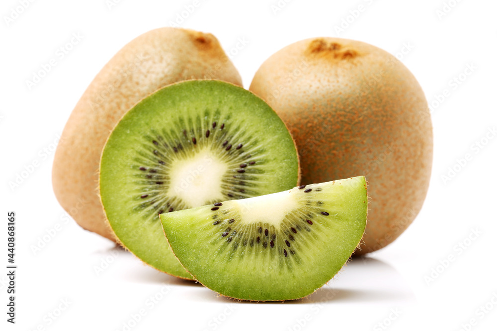 Whole and cut golden kiwifruit/ kiwi (Actinidia chinensis) on white background Whole and cut golden kiwifruit/ kiwi (Actinidia chinensis) on white background
